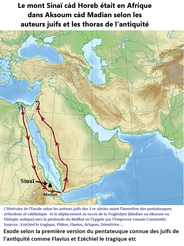 Lire la suite à propos de l’article Le véritable itinéraire de l&rsquo;Exode et de Madian (Troglodyque ou Midoé) selon la 1 ère Torah : Ezéchiel le tragique et la torah en chaldéen (syriaque) connu de Flavius et de Philon etc